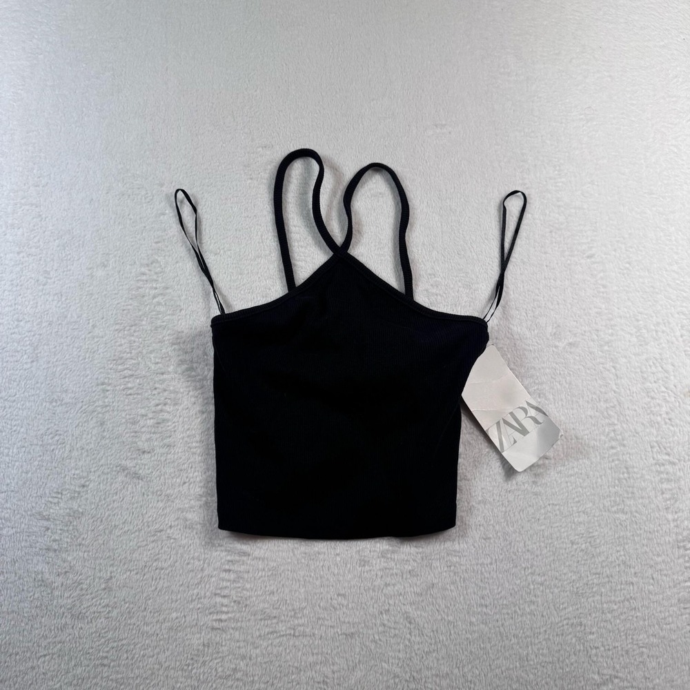 Zara Tank Top Womens Medium Black Ribbed Knit Double Strap Cami Crop Basic